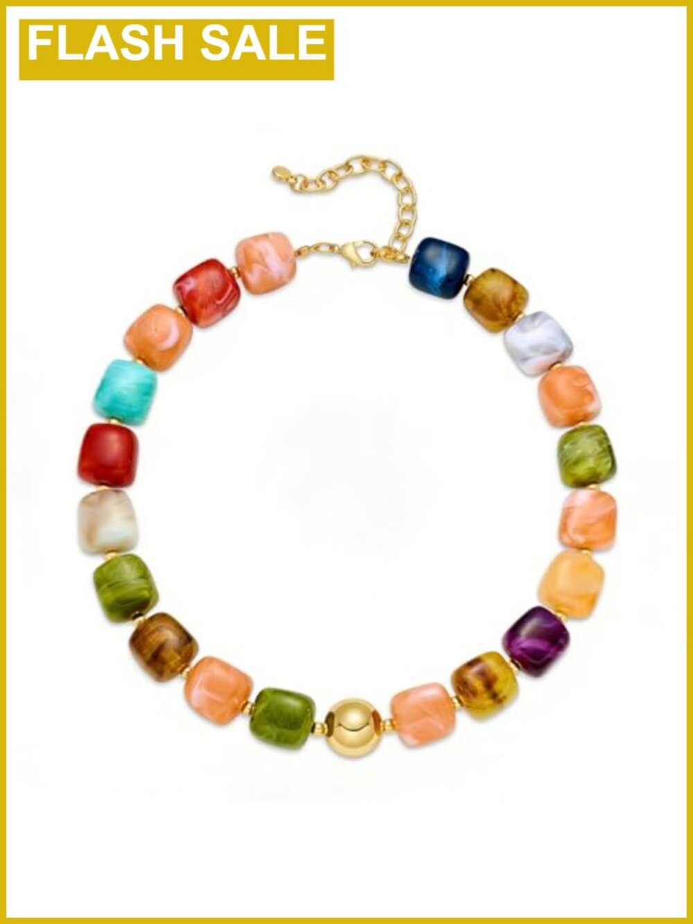Chunky Square Resin Beaded Statement Necklace Adjustable Boho